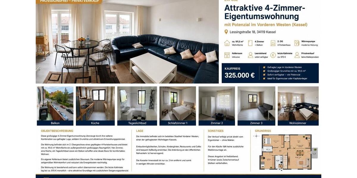 Etagenwohnung Kassel Vorderer Westen - 4 Zimmer, 101 m&sup2;, 325.000&euro; | Angebot:26958579