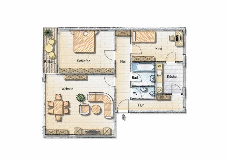 Etagenwohnung Kassel Bettenhausen - 3 Zimmer, 75 m&sup2;, 647&euro; | Angebot:26657706