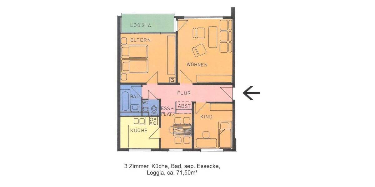 Etagenwohnung Kassel Oberzwehren - 3 Zimmer, 71 m&sup2;, 500&euro; | Angebot:25695783