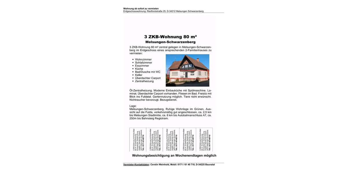 Erdgeschoßwohnung Melsungen - 3 Zimmer, 80 m&sup2;, 780&euro; | Angebot:25444854