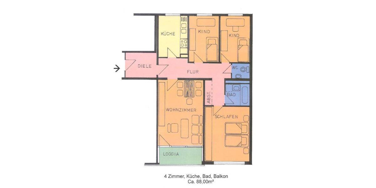 Etagenwohnung Kassel Oberzwehren - 4 Zimmer, 88 m&sup2;, 651&euro; | Angebot:26741844