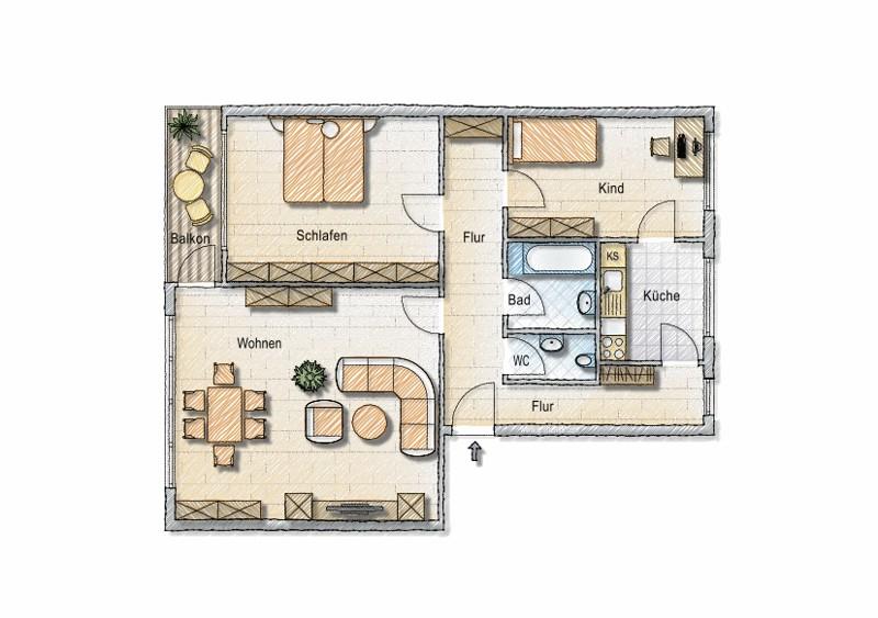 Etagenwohnung Kassel Bettenhausen - 3 Zimmer, 77 m&sup2;, 665&euro; | Angebot:25564444